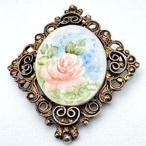 Hand-Painted Floral Porcelain Vtg Brooch Pendant Gold-Tone Signed Ornate Frame